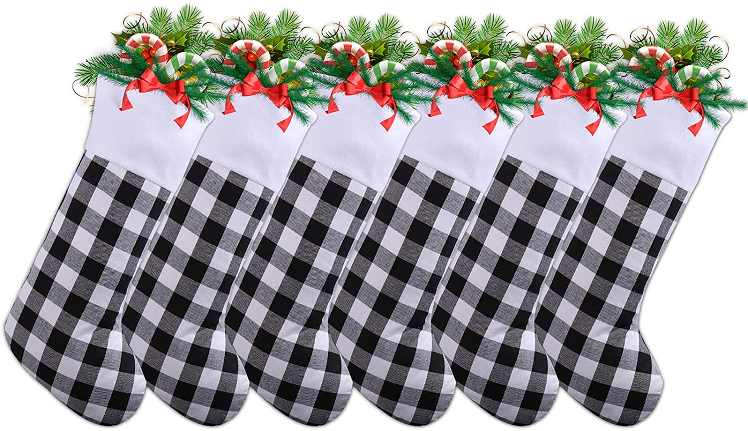 6 Pack 18 Inch Buffalo Plaid Christmas Stockings White Plush Trim Classic Personalized Large Stocking Decorations