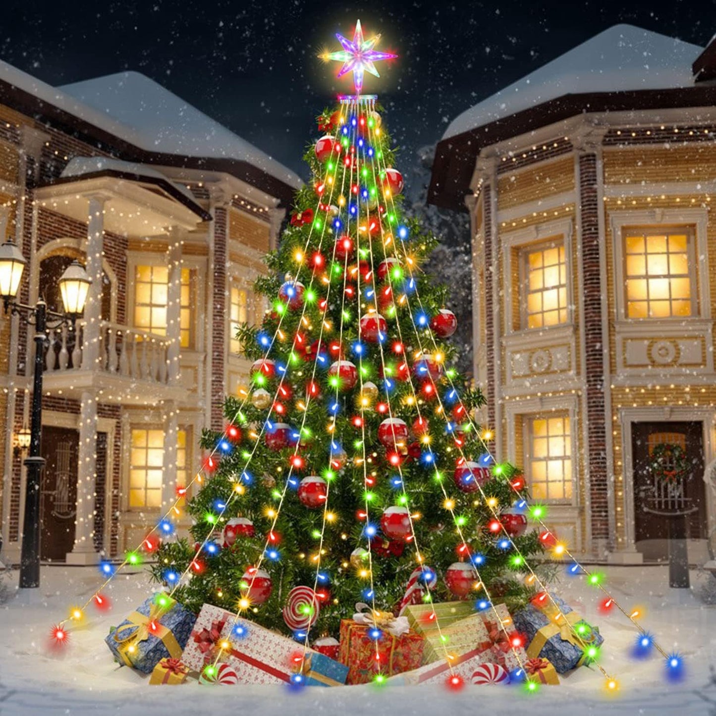 Outdoor Christmas Decorations Lights, 320 LEDs Dipper Star String Lights with 13" Topper Star, Plug in Waterproof Hanging Fairy Lights