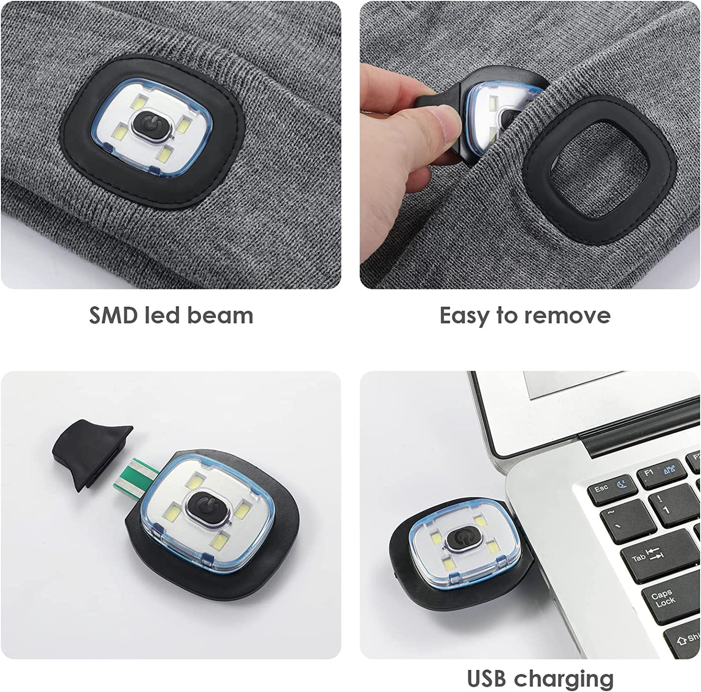 LED Beanie Hat w/ Light, Unisex USB Rechargeable Winter Knit Lighted Headlight (Grey)