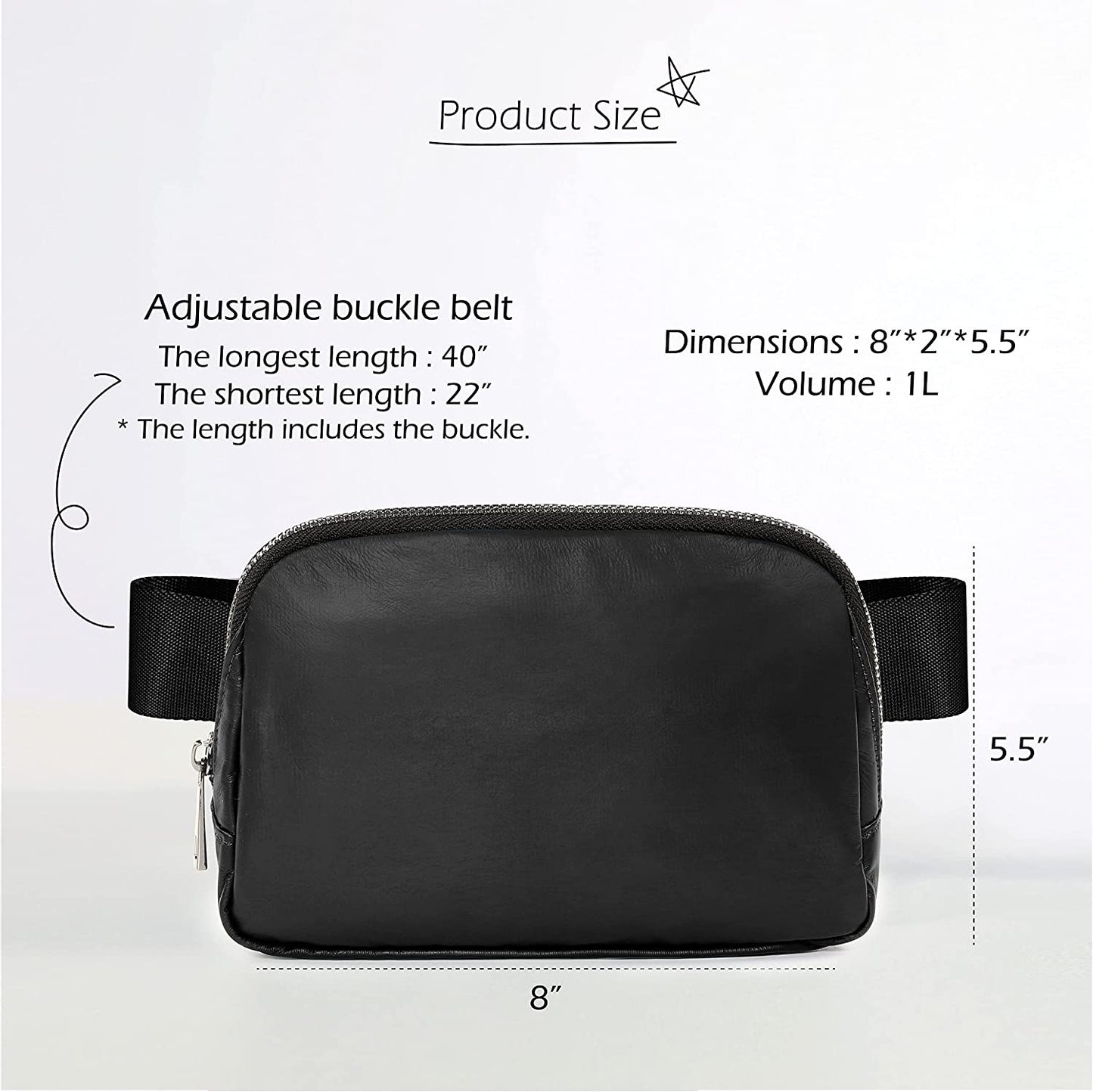 Mini Belt Bag with Adjustable Strap, PU Fanny Pack Small Waist Pouch for Workout Running Travelling Hiking, Matt Black