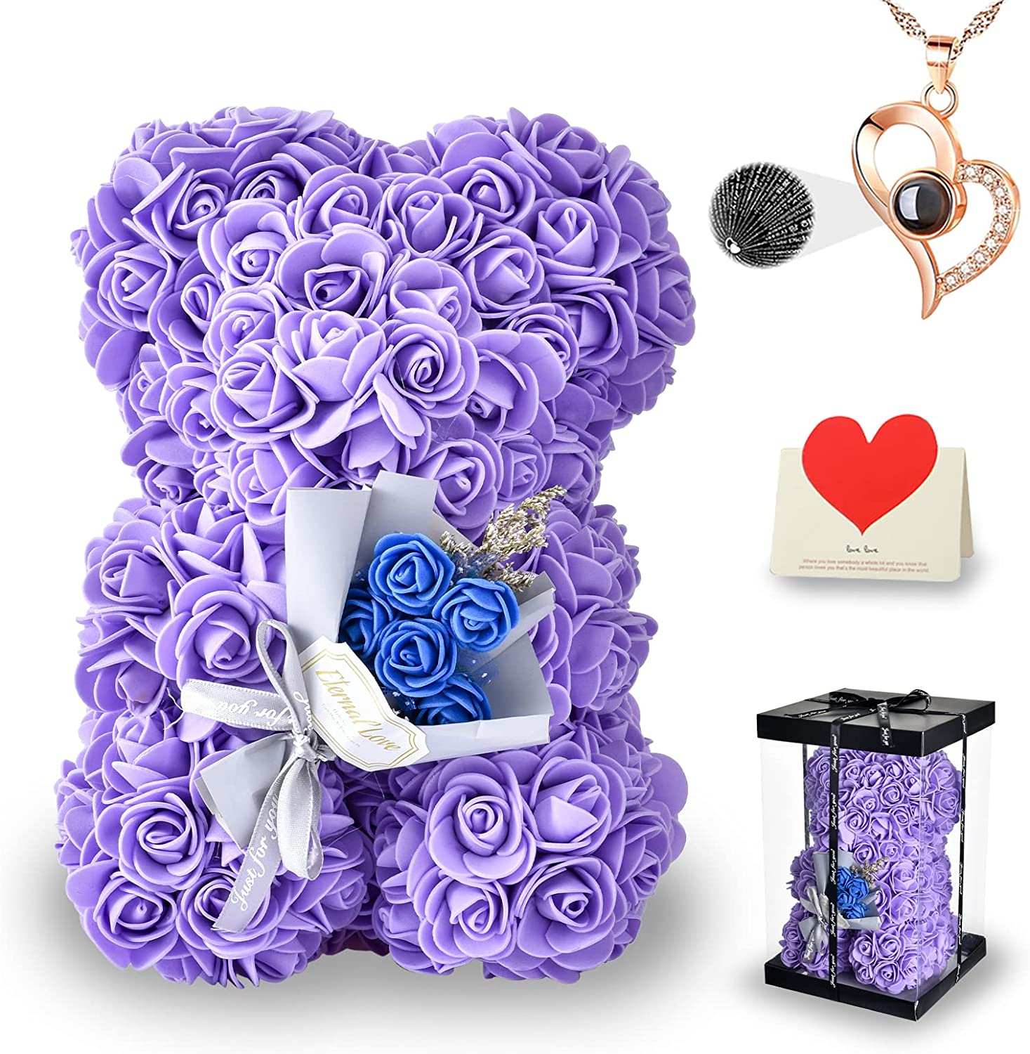 Valentines Day Gifts for Her, Rose Teddy Bear Flower w/ Box I Love You Necklace 100 Languages Card (Purple)