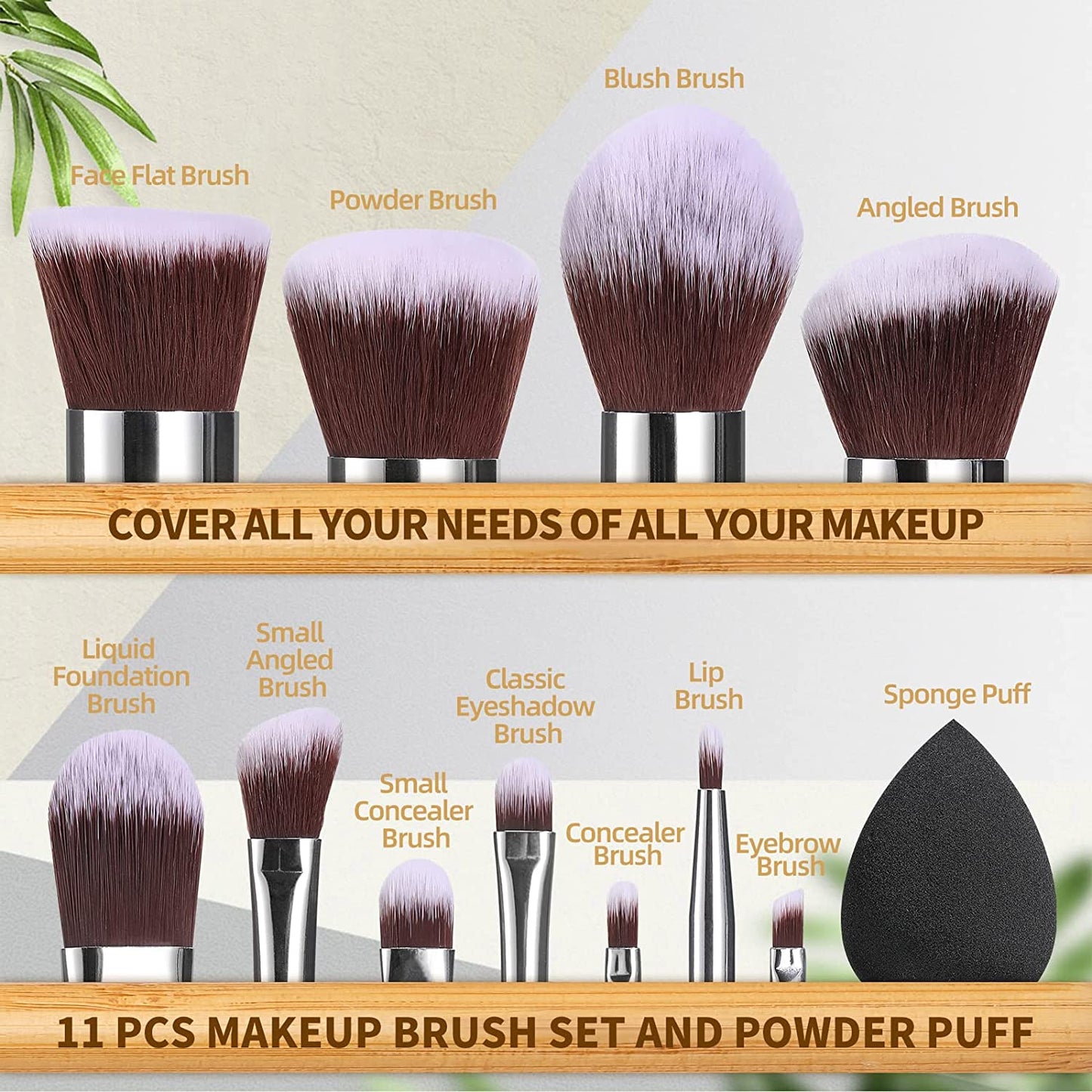 Makeup Brush Set 11Pcs Bamboo Synthetic Kabuki Brush Foundation Powder Blending Concealer Eye shadows Blush Cosmetics Brushes with Organizer Bag & Makeup Sponge