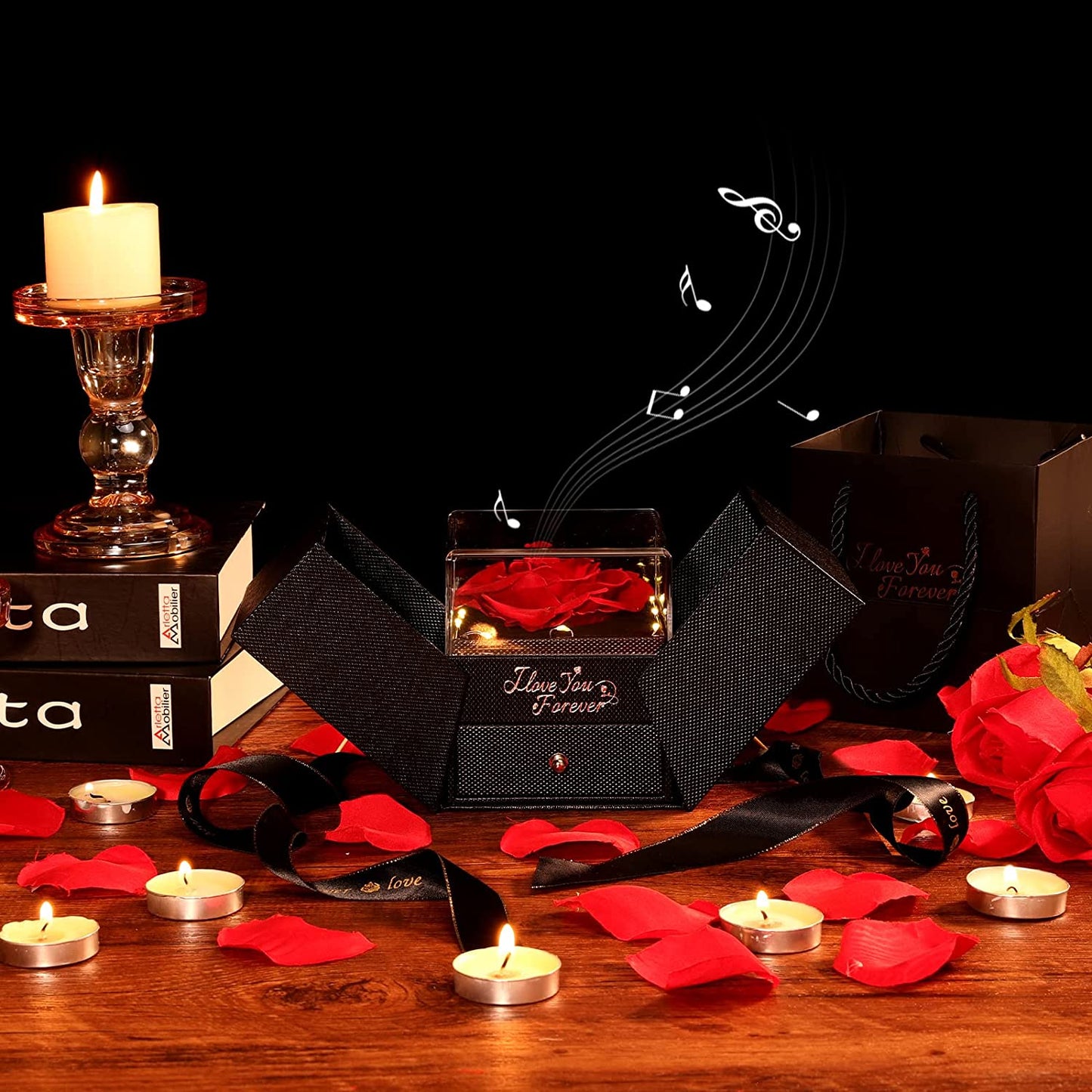 Eternal Flowers Rose Gifts Preserved Rose Box with Necklace LED Lights & Music