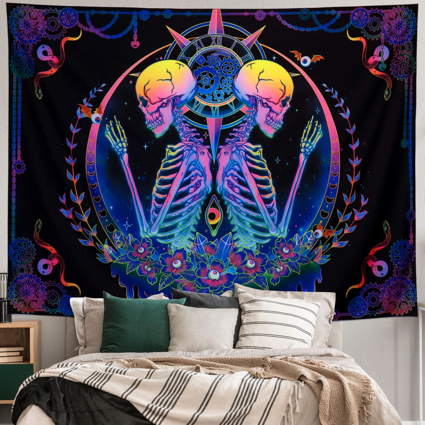 Blacklight Tapestry UV Reactive Skelton Wall Psychedelic Celestial Colorful Flower