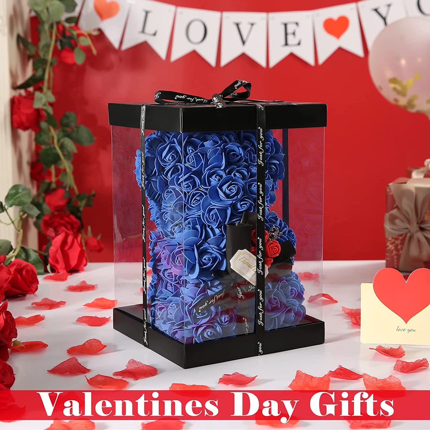 Valentines Day Gifts for Her, Rose Teddy Bear Flower w/ Box I Love You Necklace 100 Languages (Royal Blue)