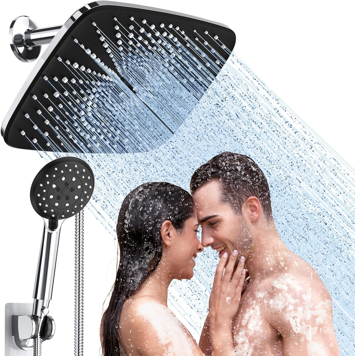 12 Inch High Pressure Rain Shower Head -Shower Heads with 5 Modes Handheld Spray Combo- Wide RainFall shower with 70" Hose & Bracket- Adjustable Dual Showerhead with Anti-Clog Nozzles - Chrome