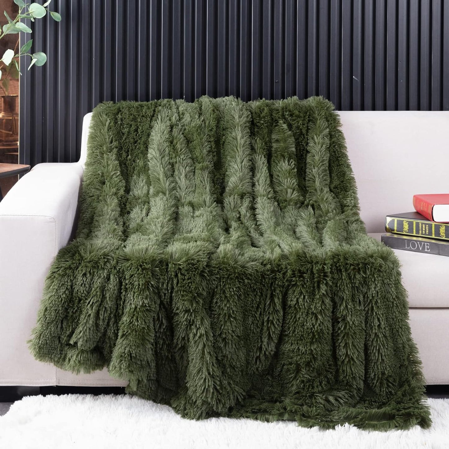 Olive Green Faux Fur Throw Blanket,2 Layers,50" x 60" Cozy Plush Fluffy Blanket Furry Fuzzy Warm Cute Shaggy Blanket for Fall Bed Living Room Décor Baby Women Pet