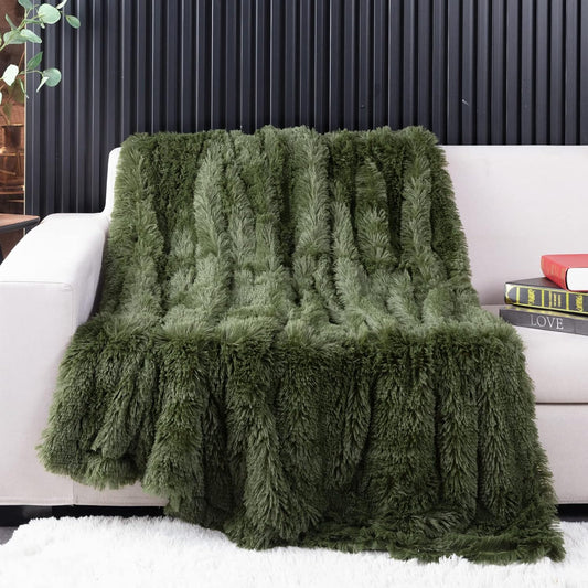 Olive Green Faux Fur Throw Blanket,2 Layers,50" x 60" Cozy Plush Fluffy Blanket Furry Fuzzy Warm Cute Shaggy Blanket for Fall Bed Living Room Décor Baby Women Pet