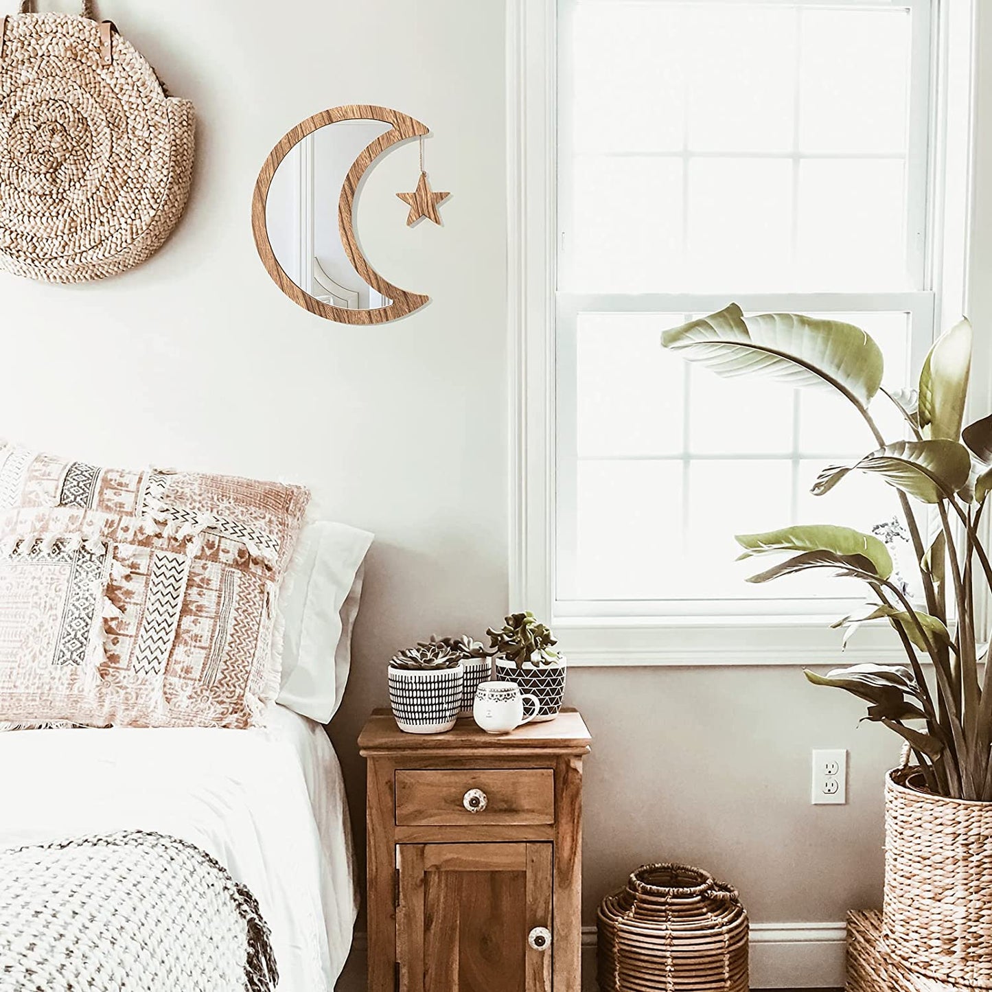 Boho Wall Decor Mirror 12.9 in Rustic Wood Moon Mirror w/ Real Glass, Carbonized Black