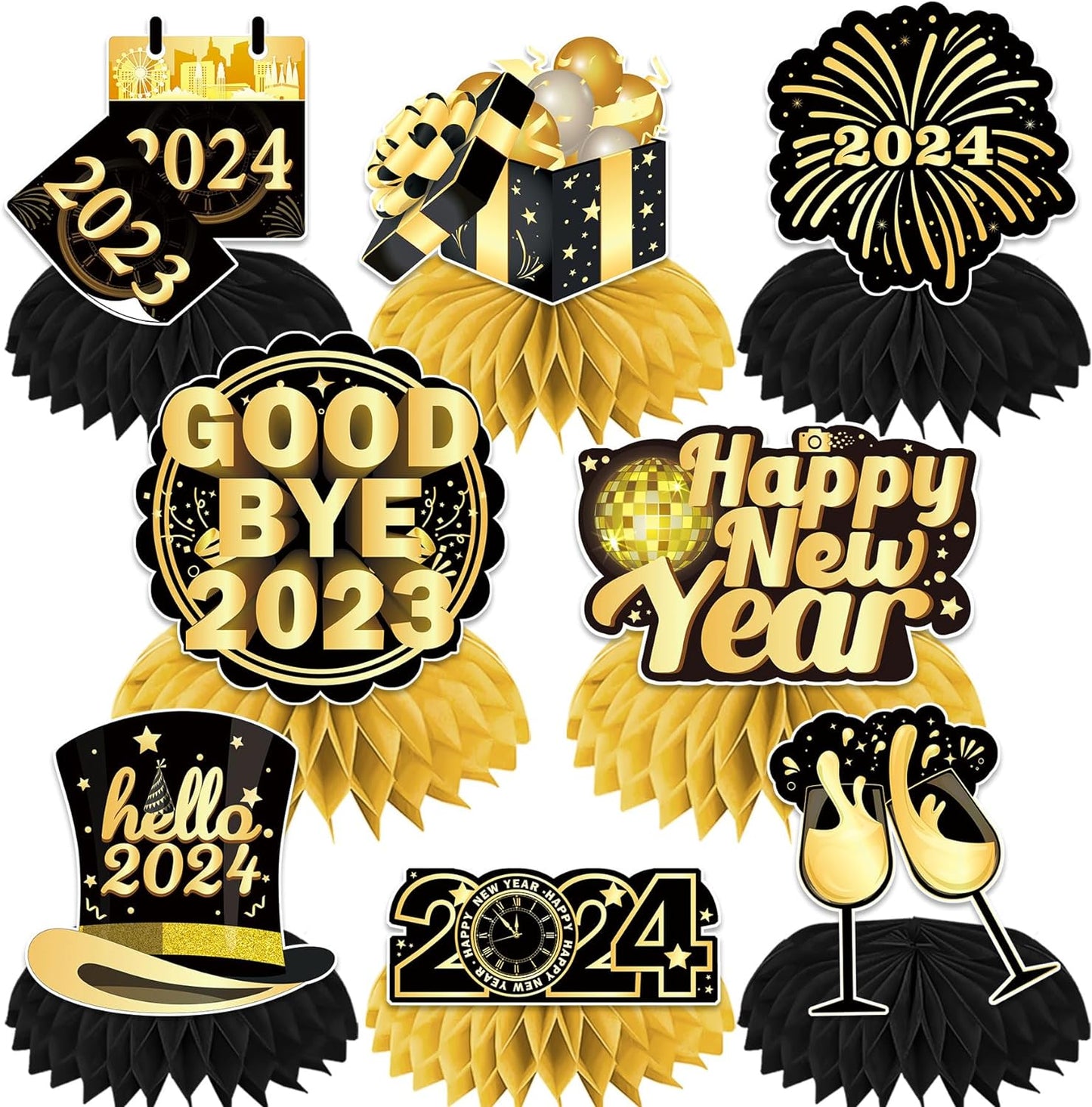 New Years Decorations 2024, 8 Pcs Happy New Year Decorations 2024 Honeycomb Centerpieces, New Years Table Decorations 3d Double Side Table Centerpieces, New Years Eve Decorations for Table