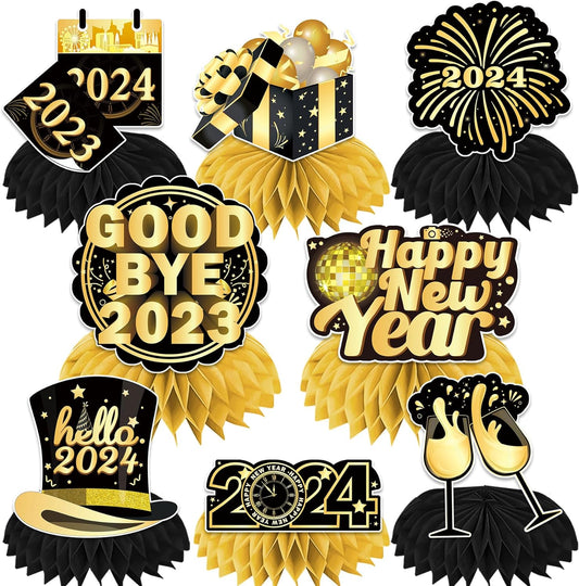 New Years Decorations 2024, 8 Pcs Happy New Year Decorations 2024 Honeycomb Centerpieces, New Years Table Decorations 3d Double Side Table Centerpieces, New Years Eve Decorations for Table