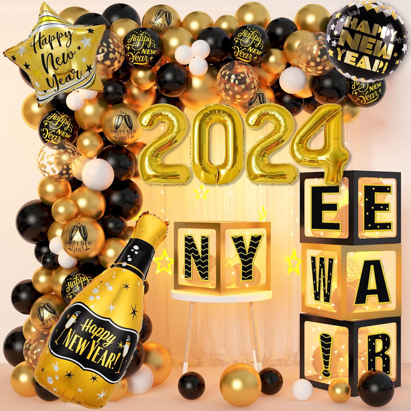 New Years Eve Party Supplies with Black and Gold Garland Arch Kit New Year Balloon Boxes 2024 Champagne Foil Balloons for Happy New Year Birthday Party Decor Backdrop