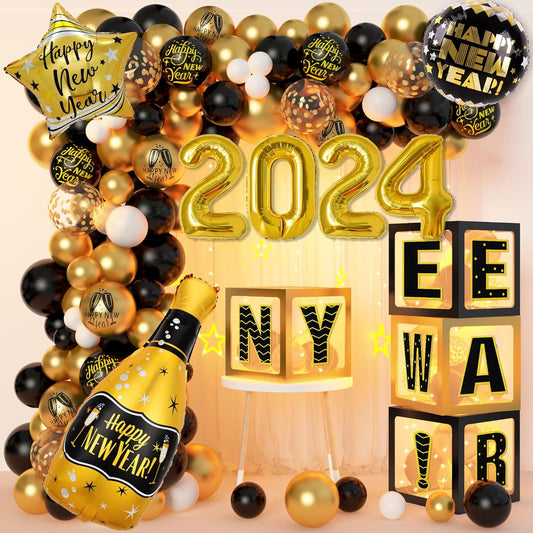 New Years Eve Party Supplies with Black and Gold Garland Arch Kit New Year Balloon Boxes 2024 Champagne Foil Balloons for Happy New Year Birthday Party Decor Backdrop