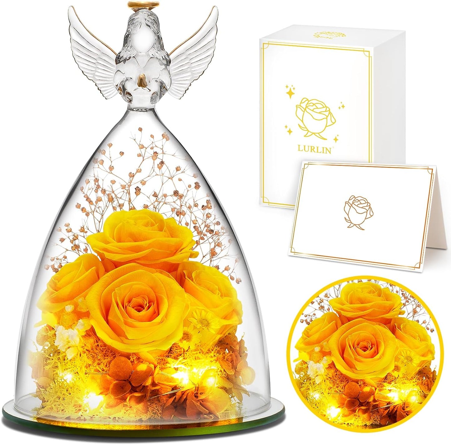 Birthday Gifts for Women, Preserved Flowers Rose Gift for Mom Wife Girlfriend, Glass Angel Figurines with LED Light, Forever Rose for Mothers, Valentines, Anniversary, Christmas Day Gift