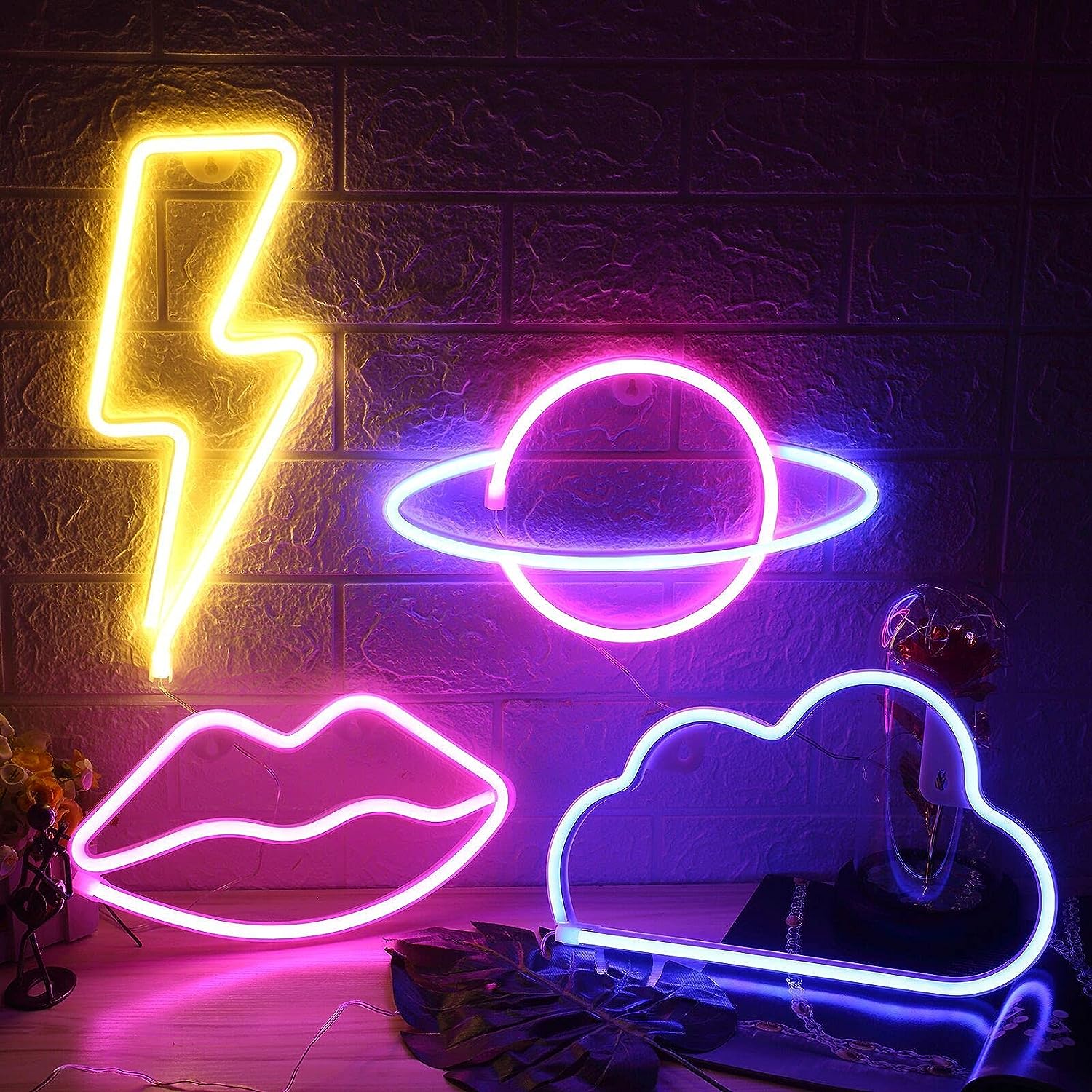 4 Pcs LED Decorative Neon Night Cloud Signs, Hanging Light Up for Bedroom, Room for Wall Decor Pink/Blue Planet