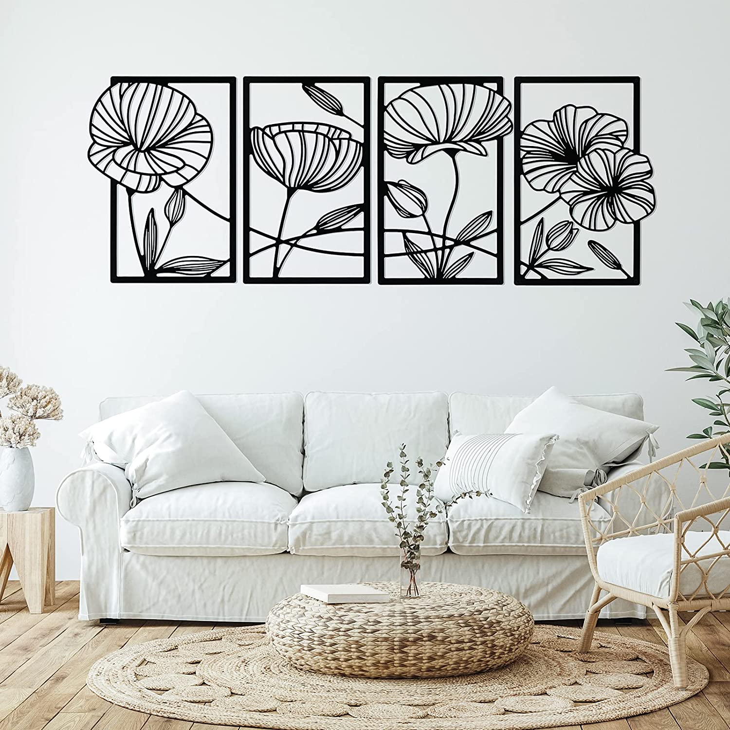 4 Pcs Metal Line Art Wall Decor Metal Flower Minimalist Sculpture Modern 16.5x11.9in (Black)