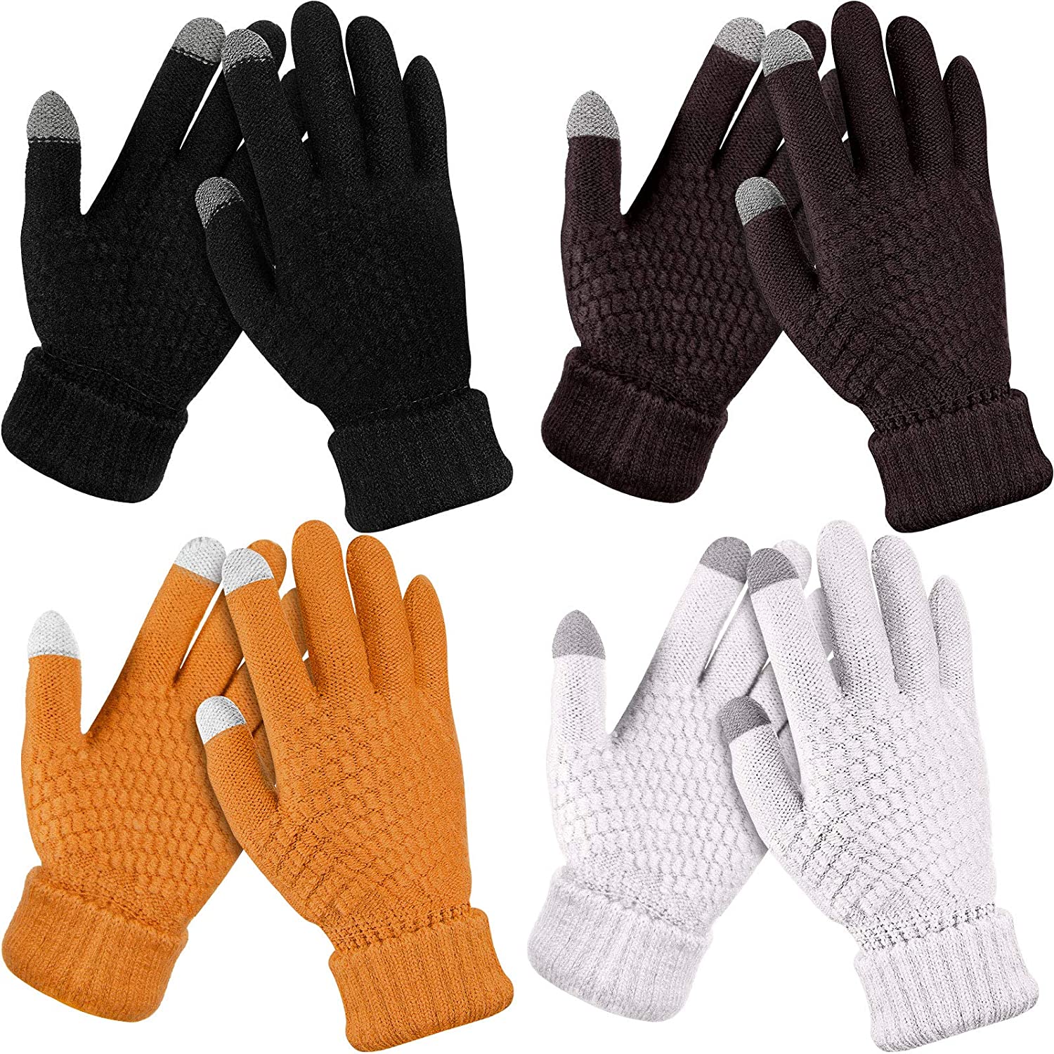 4 Pairs Women's Winter Touch Screen Gloves Warm Fleece, Black, White, Khaki, Coffee