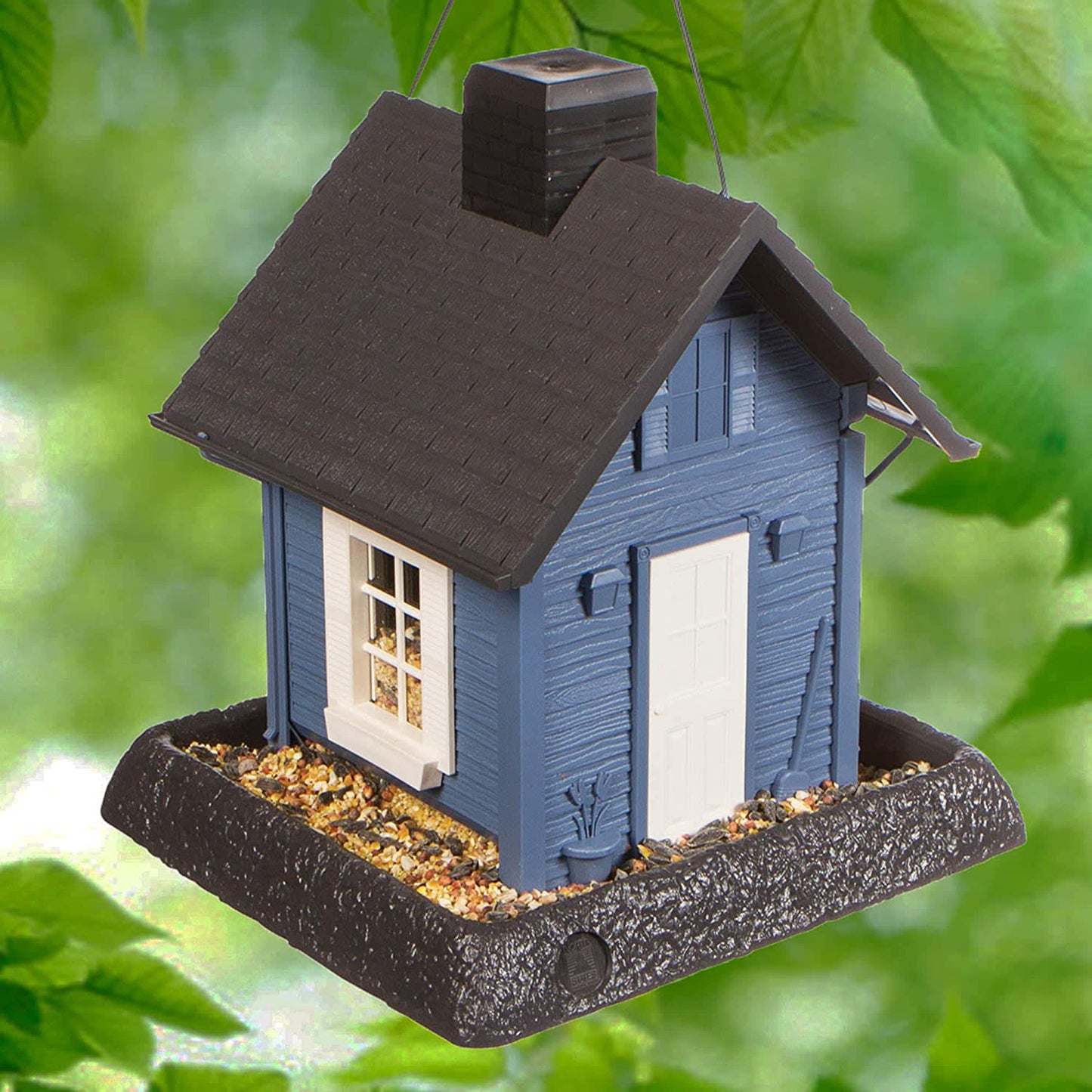 Blue Cottage Birdfeeder: Easy Fill & Clean. Squirrel Proof Hanging Cable included, or Pole Mount (pole sold separately). Large, 5 pound Seed Capacity (9.5 x 10.25 x 11, Blue)