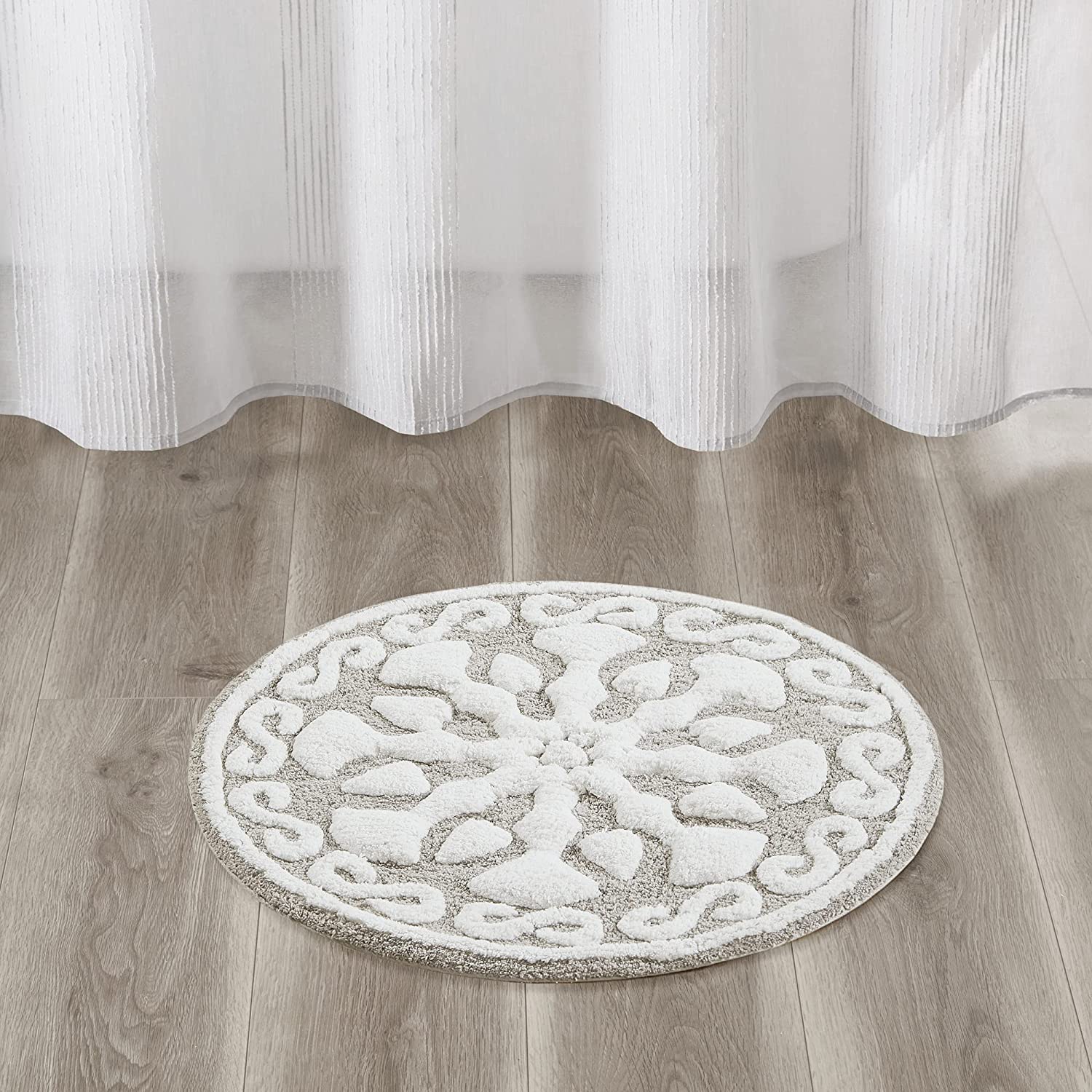 100% Cotton Tufted Bathroom Rugs Luxurious Plush Medallion Floral Pattern Bath Mat Absorbent, Quick Dry, Round 25", Taupe