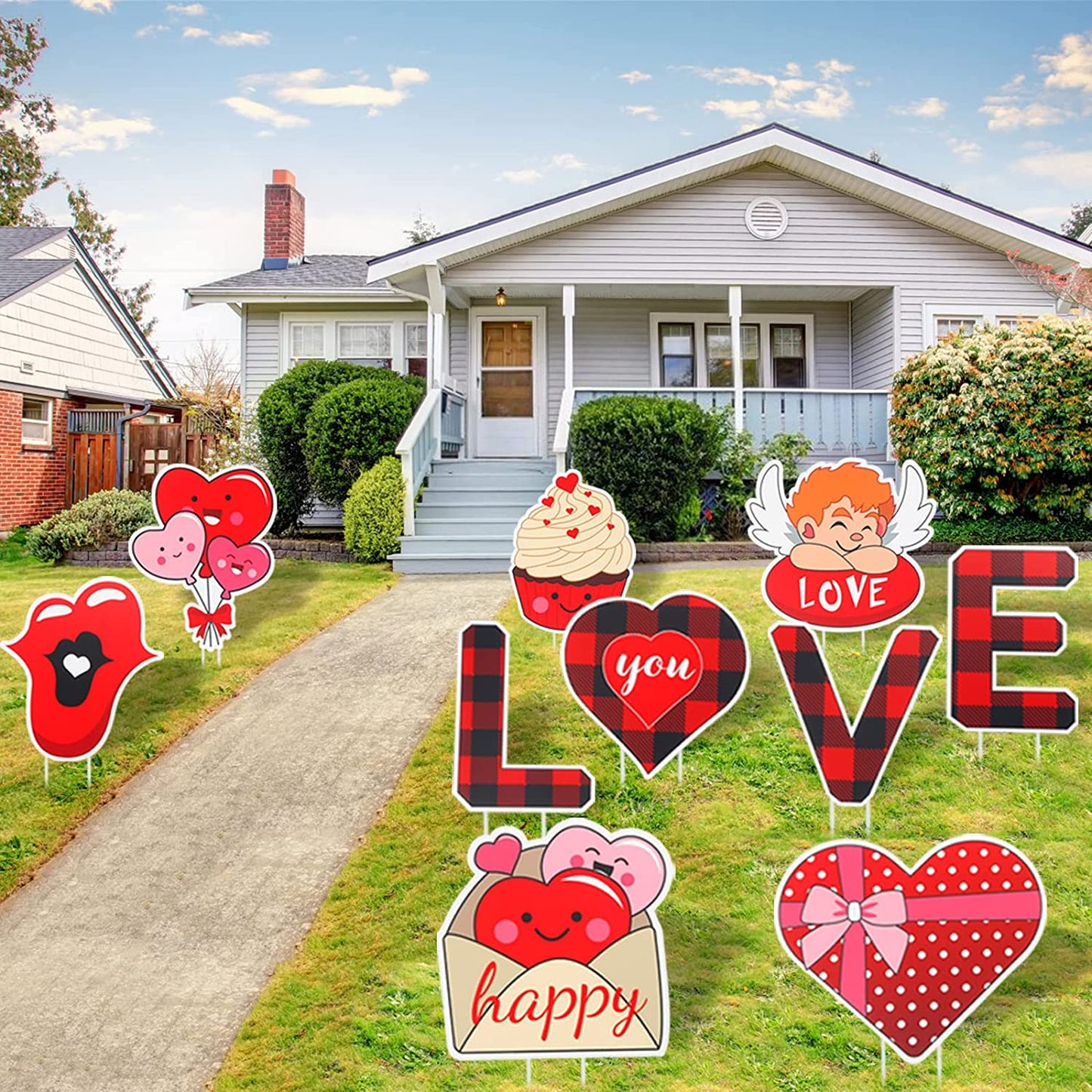 Valentine's Day Decorations Yard Signs with Stakes, (10 Piece Large Set)