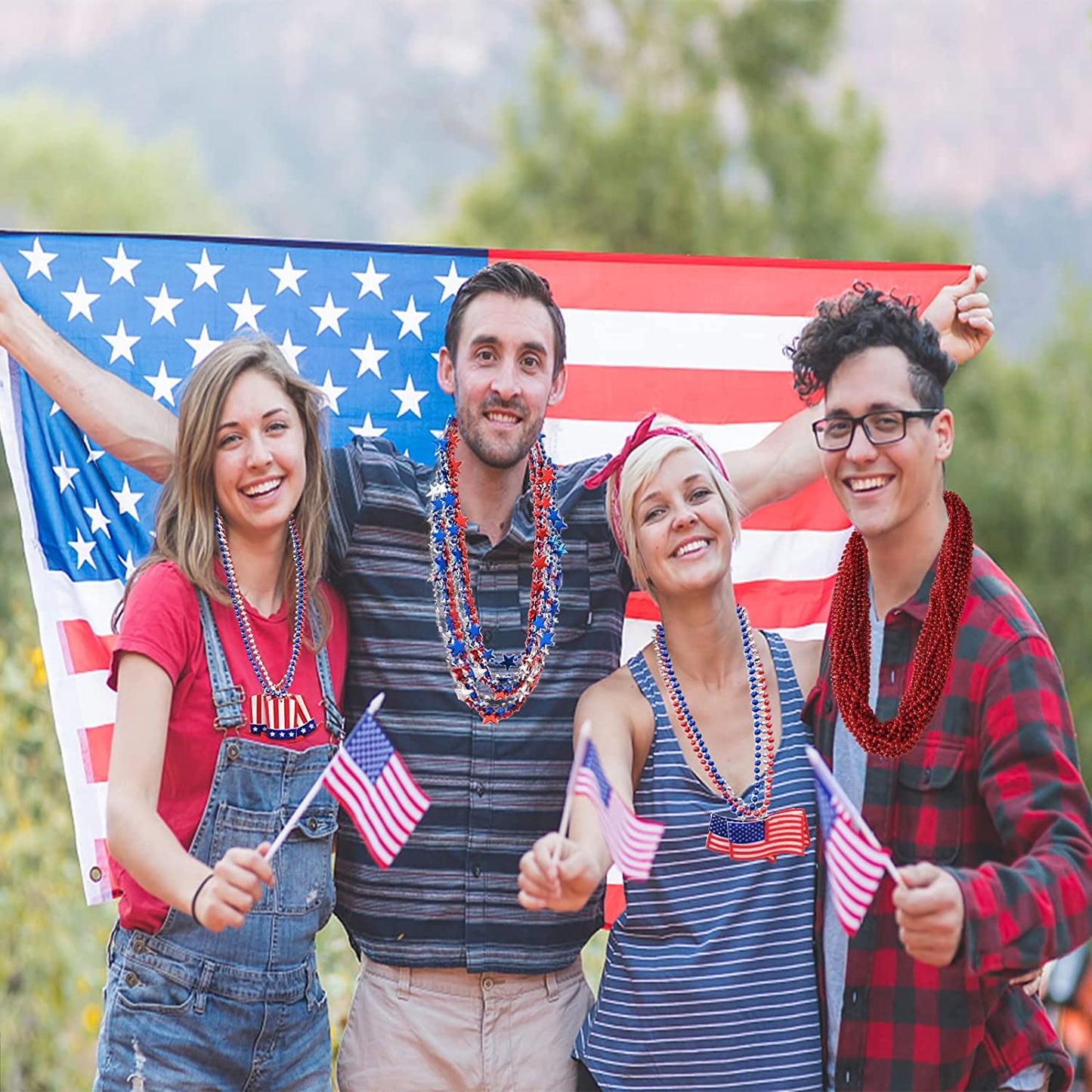 50 Pcs 4th of July Beads Necklaces Bulk, Metallic Red Bule Silver Patriotic Star Bead Necklaces for 4th of July