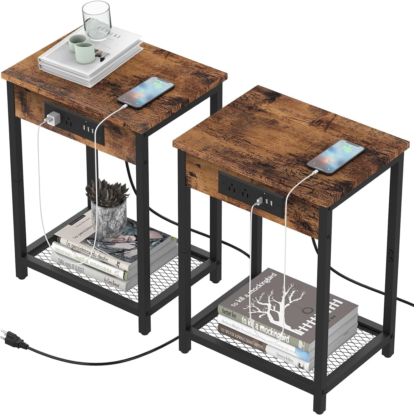 Nightstand Set of 2, Bedside Table with Charging Station for Bedroom, Industrial Side End Table with USB Ports and Power Outlets for Farmhouse