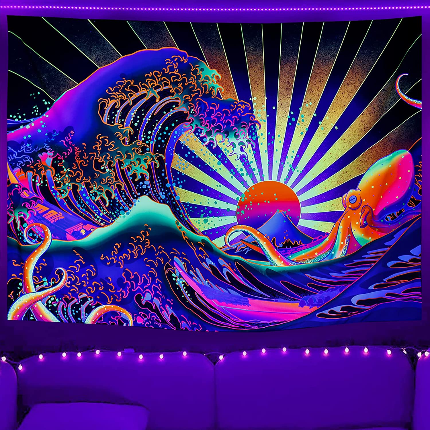 Blacklight Tapestry Great Wave UV Reactive Japanese Kanagawa Sunset Vintage Ocean, 52.1"x59.1"