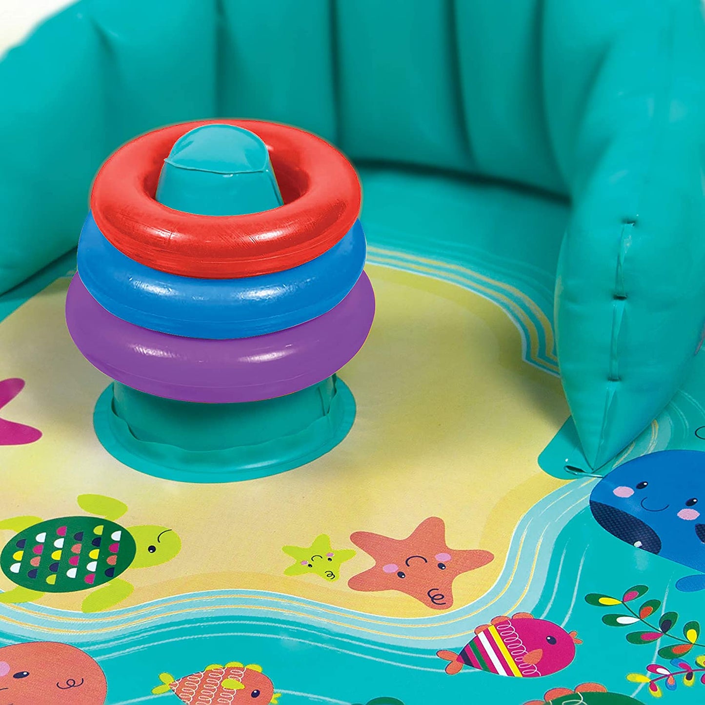 Blue Baby Splash Play Mat w/ Adjustable Canopy -Inflatable Play Pool for Babies & Infants with Backrest w/ Includes Baby Water Toy Rings