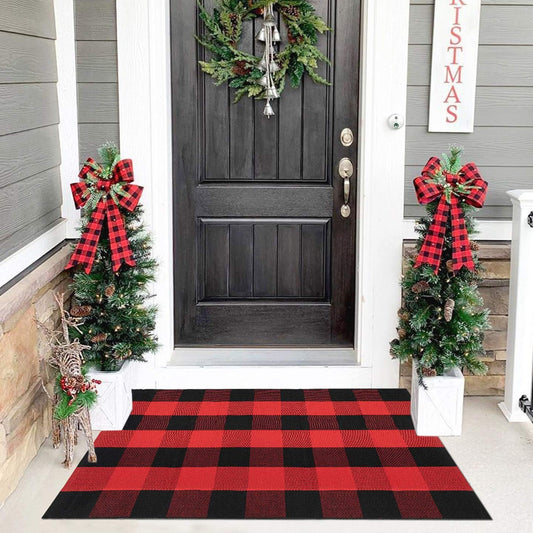 Buffalo Plaid Rug 27.5x43 Inches Red and Black Checkered Rug Christmas Halloween Fall Door Mat Woven Cotton Washable Area Rugs Door Mat Outdoor Entrance for Front Porch Entryway