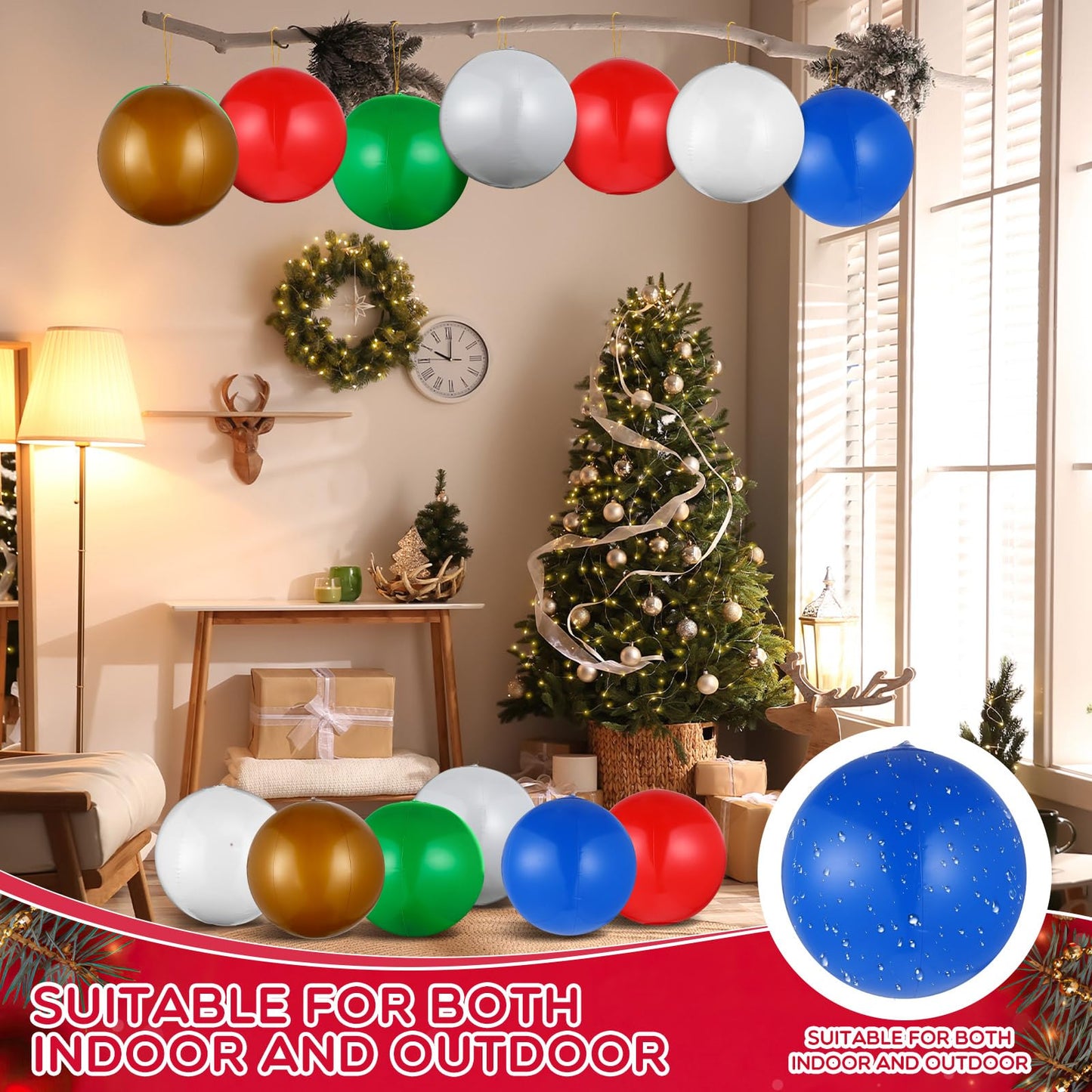 inflatable Christmas Balls Outdoor Christmas Decorations with Gold Hanging String Xmas Ornaments Balls