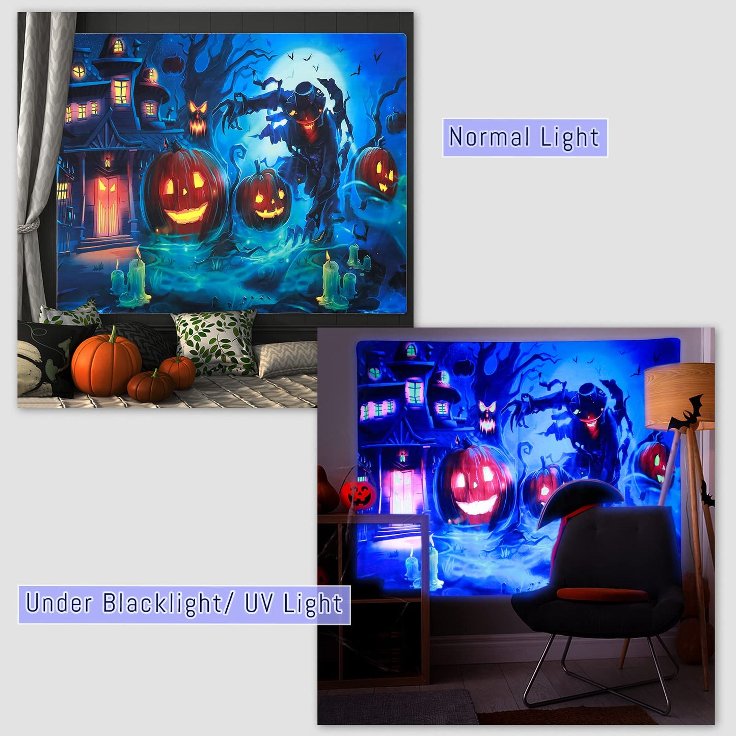 Halloween Blacklight Wall Tapestry Haunted Woods with Grave and Pumpkins, UV Reactive Wall Blanket