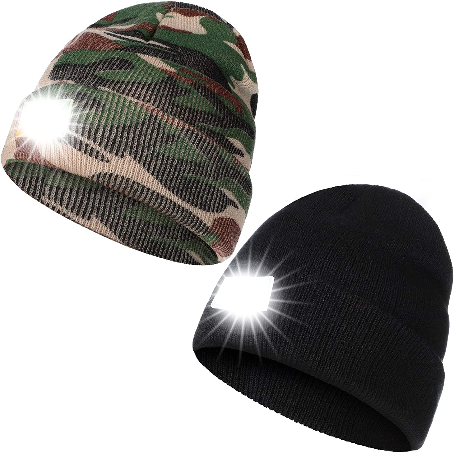 2 Pieces Winter LED Beanie Hats Warm Knitted Hat with Light LED Headlamp for Men Women