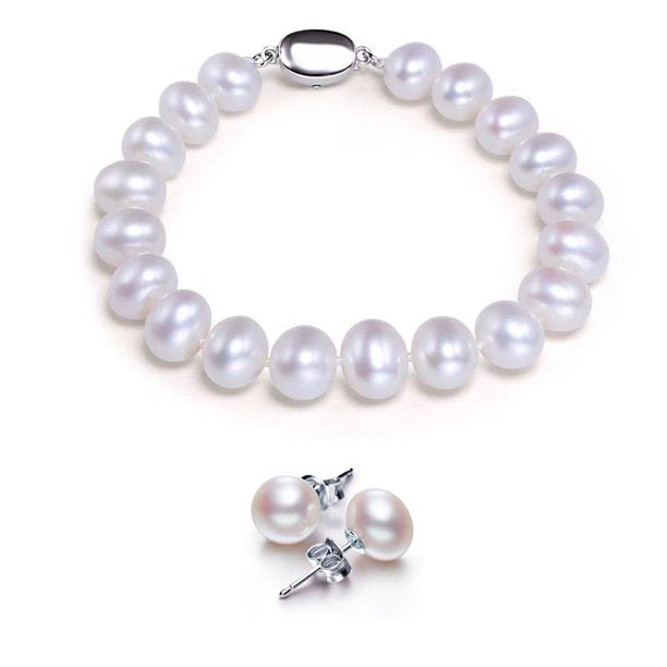 Freshwater Cultured Pearl Necklace Set Includes Stunning Bracelet and Stud Earrings Jewelry for Women Gift