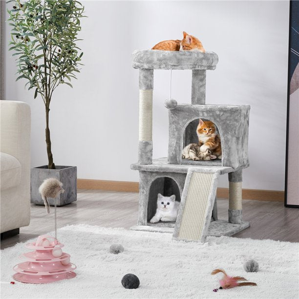 36'' H Cat Tree Tower House with Double Condos Scratching Posts Sisal Rope Furry Ball for Cats and Kittens, Light Gray