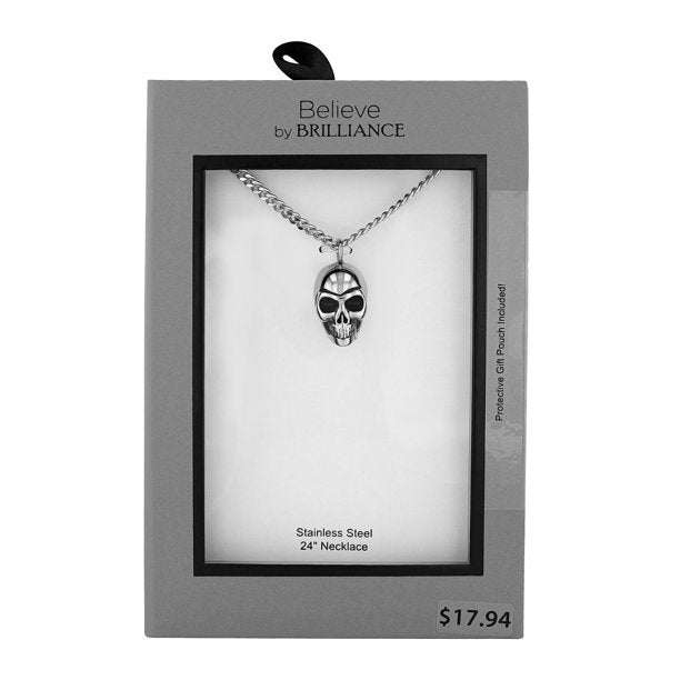 Men’s Polished Stainless Steel Solid Human Skull Pendant Necklace