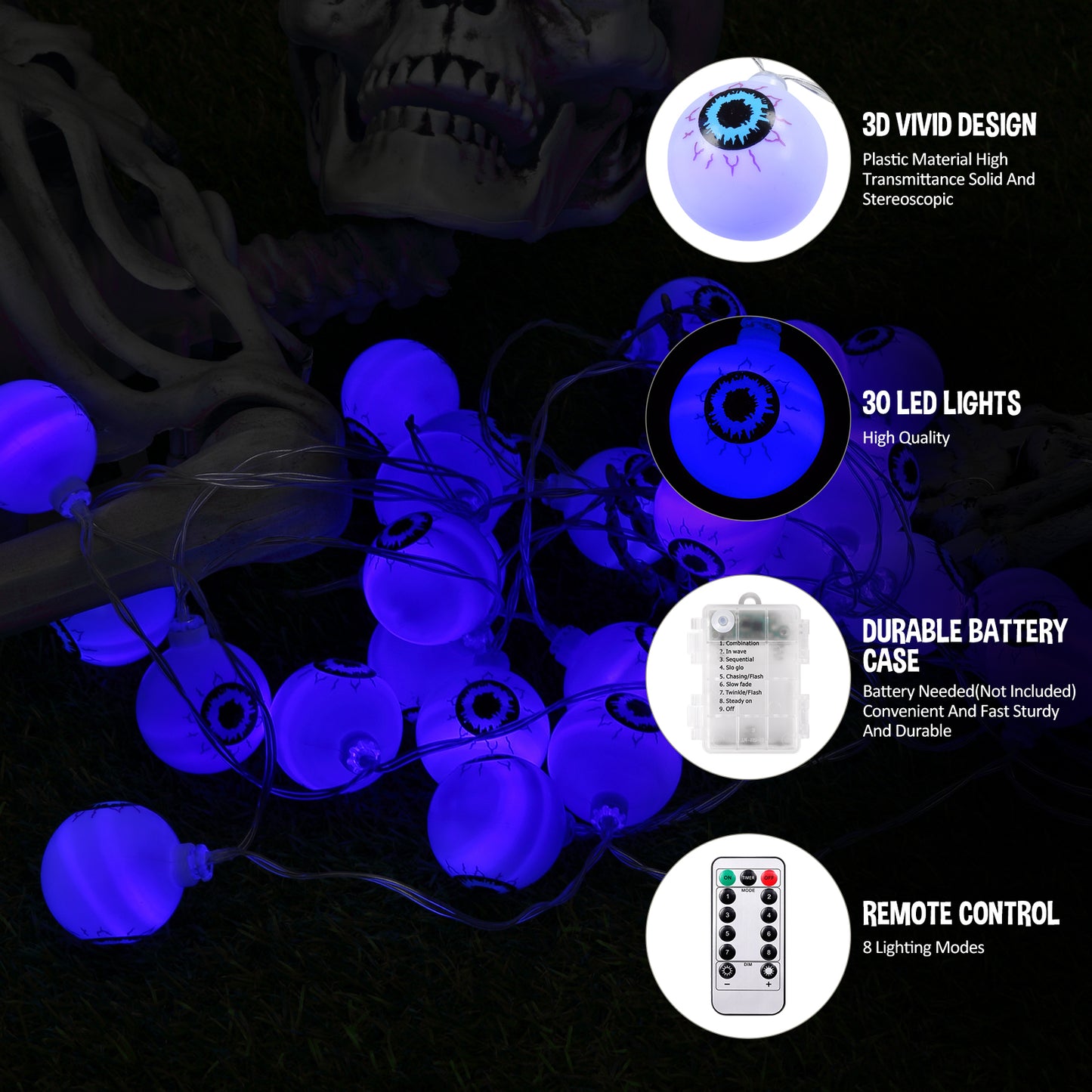 30 LED Halloween Eyeball String Lights 8 Modes w/ Remote