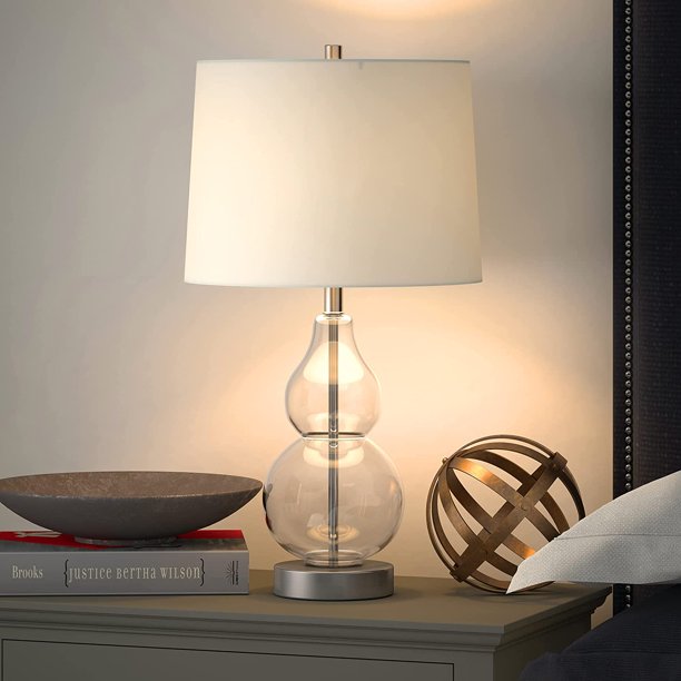 Petite Table Lamp with Fabric Shade in Clear Glass/Satin Nickel/White Table Lamp Clear Glass 21" Tall