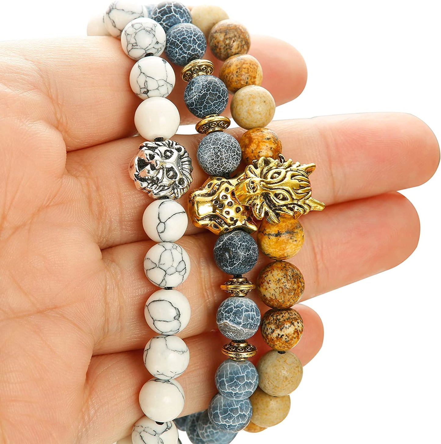 6PCS Mens Bead Bracelets Set Dragon/Lion/Panther Charm Lava Rock, 8MM, Style A