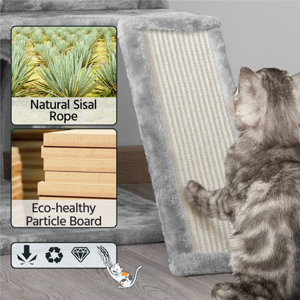 36'' H Cat Tree Tower House with Double Condos Scratching Posts Sisal Rope Furry Ball for Cats and Kittens, Light Gray