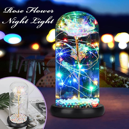 Colorful Galaxy Rose Flower Gift in Glass Dome, Artificial Flower Rose w/ LED Light String