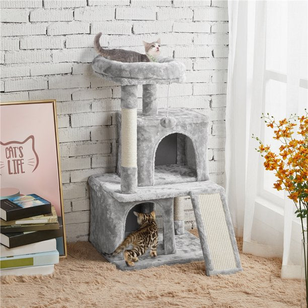 36'' H Cat Tree Tower House with Double Condos Scratching Posts Sisal Rope Furry Ball for Cats and Kittens, Light Gray