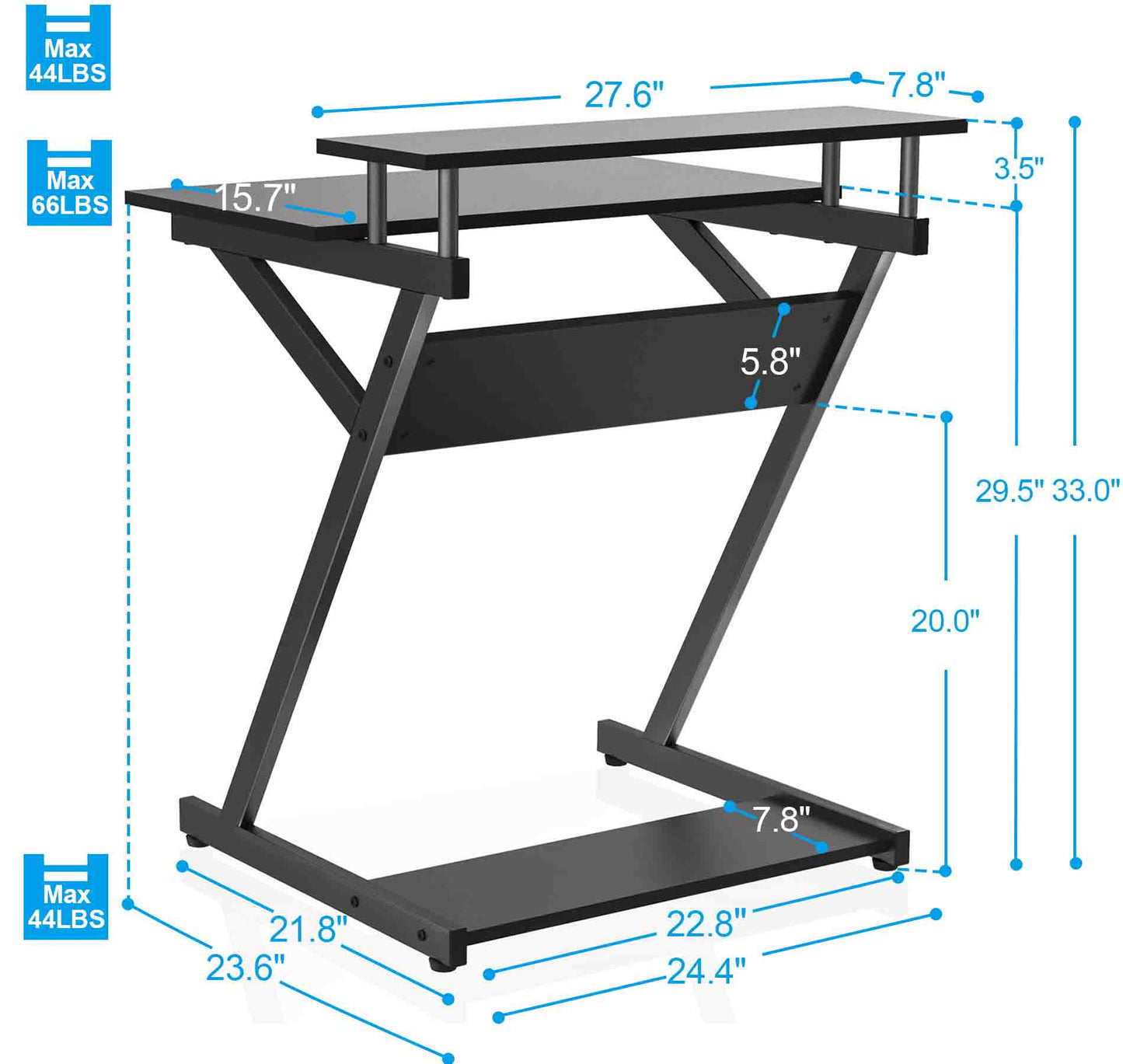 27.6" Computer Desk w/  2-Monitor Shelf & Office Storage