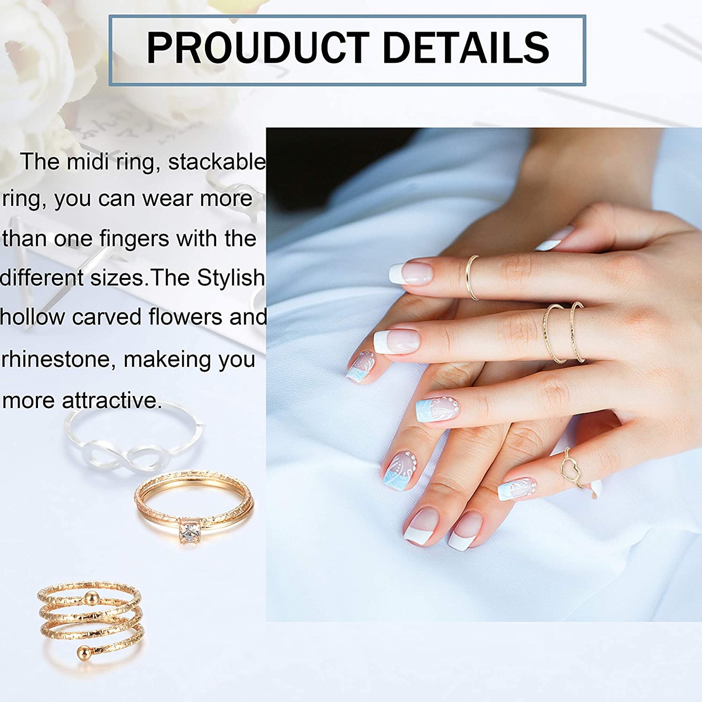 65PCS Bohemian Knuckle Ring Midi Hollow Silver Gold Vintage Stackable Ring Set