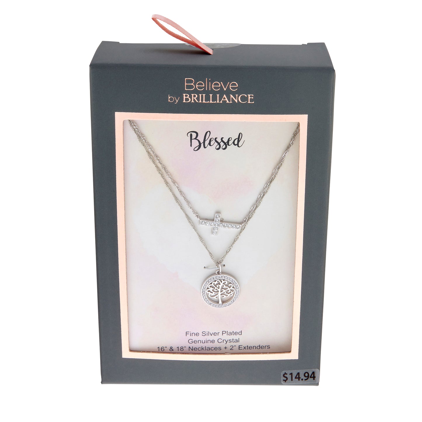 Fine Silver Plated Crystal Cross & Tree of Life Necklace Set