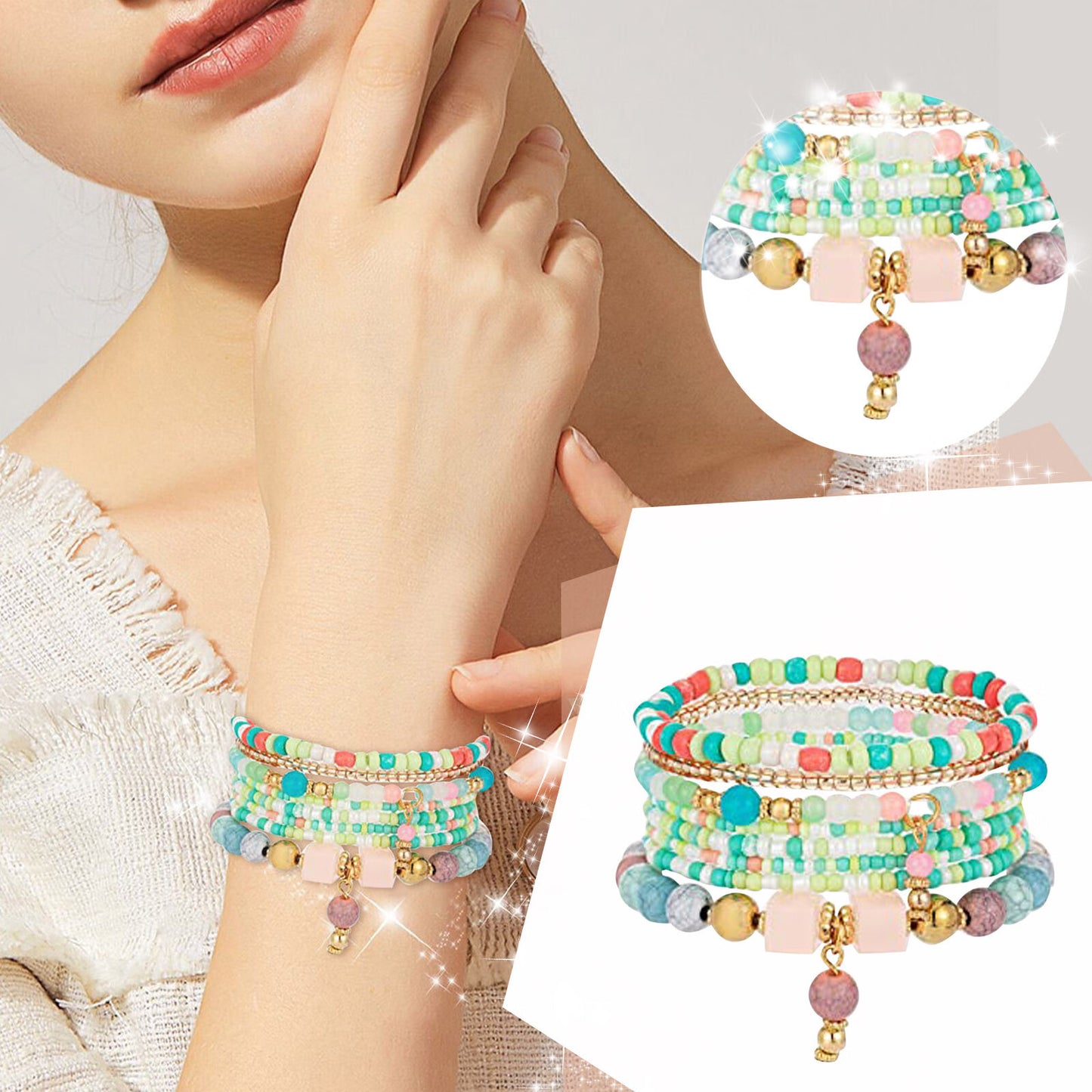 6 Sets Bracelets Multilayer Stack Colorful Beads for Women