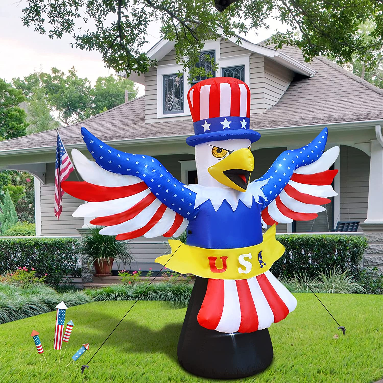 6FT Independence Day Inflatable 4th of July Inflatables Blow up Patriotic Flying Bald Eagle Decoration w/ LEDS