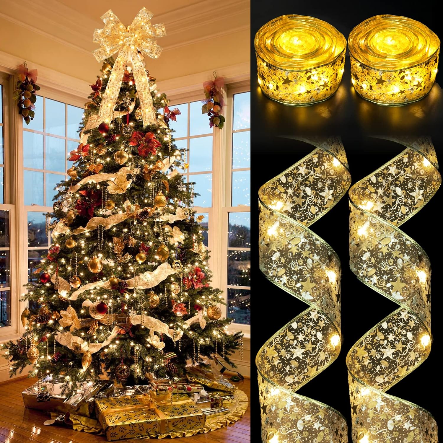 2 Pack Gold Christmas Tree Decorations, Total 40ft 120 Led Christmas Tree Ribbon Lights Battery Powered Ribbon Bows Copper Wire String Lights for Home Party