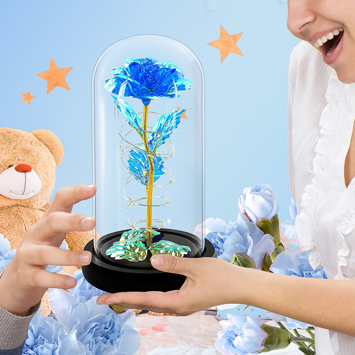 Valentines Day Rose Gift, Blue Colorful Artificial Flower, Light Up Rose Flower in Glass Dome