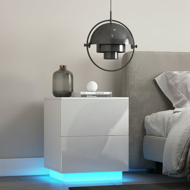 1/2 Pieces LED Nightstand 2 Drawers Bedside End Table w/ Remote RGB LED Light, High Gloss Wooden