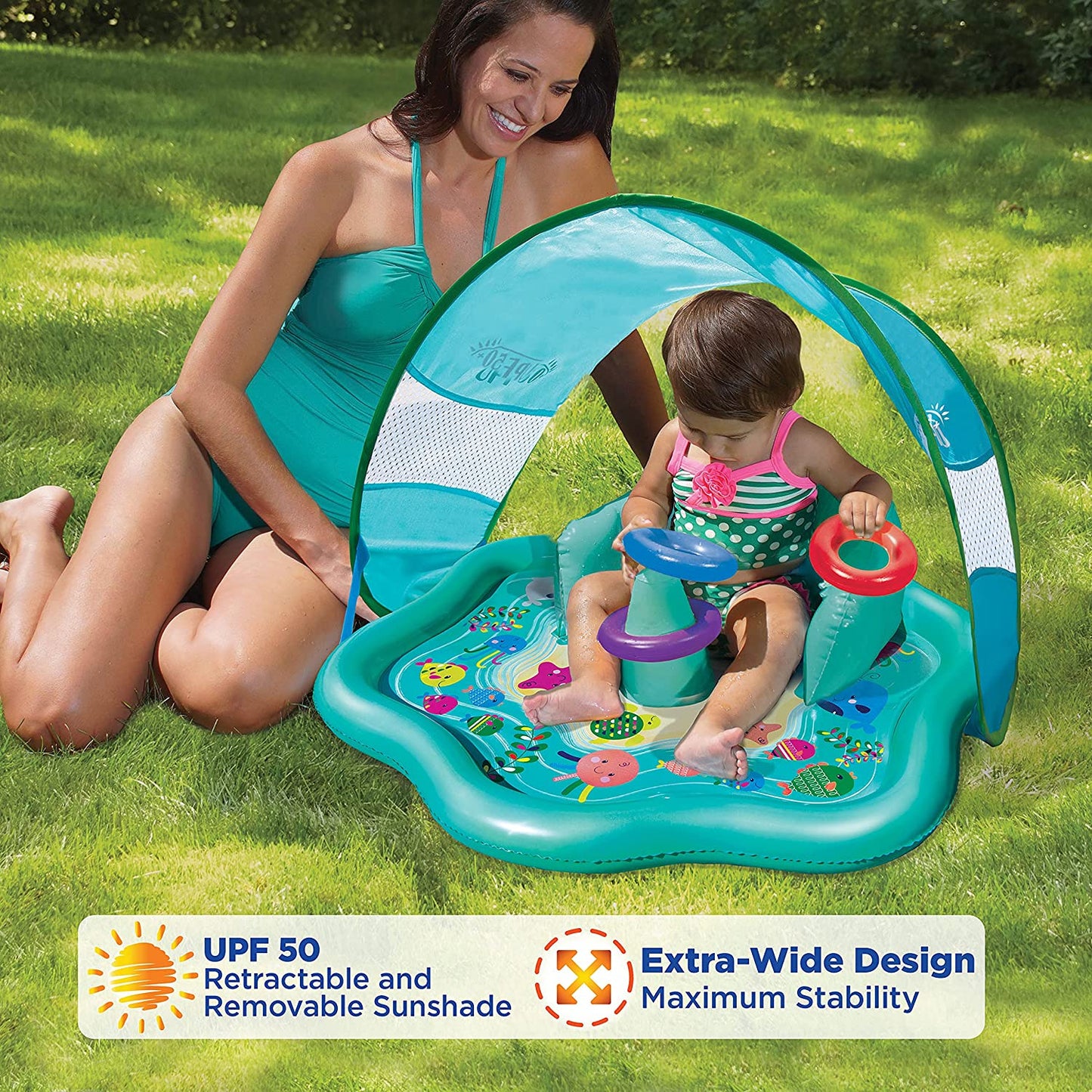 Blue Baby Splash Play Mat w/ Adjustable Canopy -Inflatable Play Pool for Babies & Infants with Backrest w/ Includes Baby Water Toy Rings